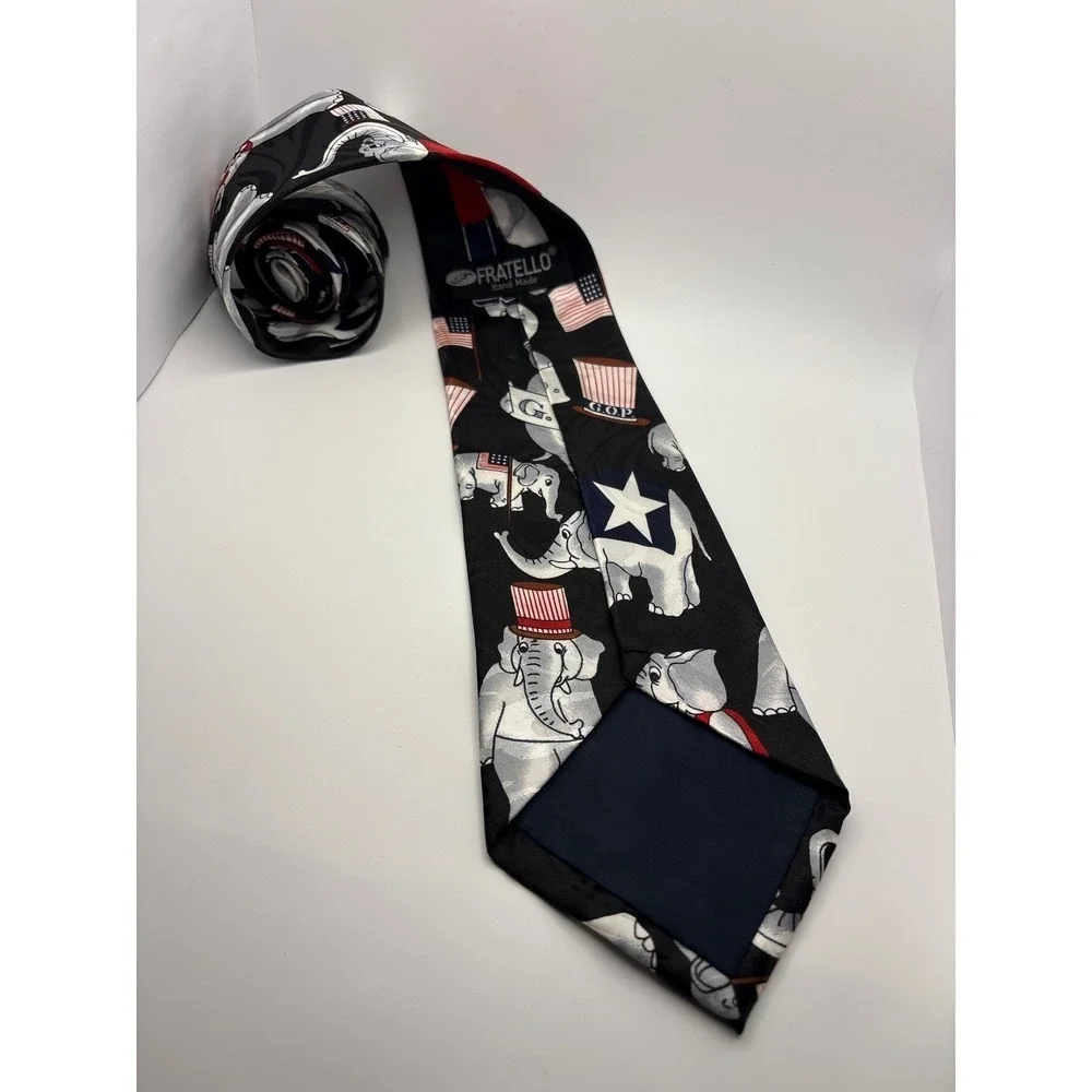 Fratello GOP Republican Elephant Patriotic American Flag Silk Necktie Black 4